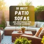 Cozy patio setup with a sectional sofa, cushions, and greenery under soft lighting