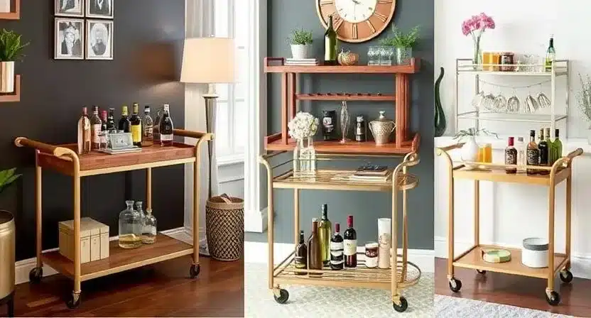Collection of various stylish bar carts lined up in a home decor showroom.