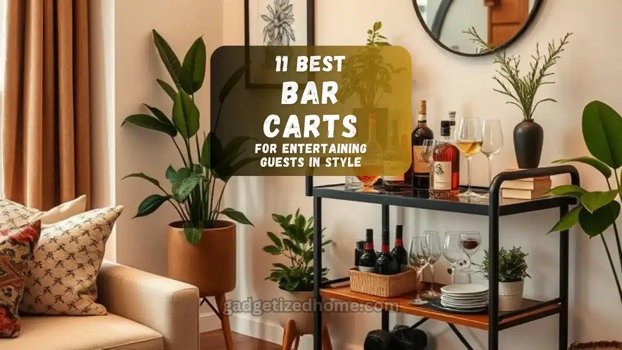 Stylish home setup with a modern bar cart, stocked with drinks and glassware.
