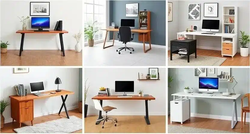 Collection of stylish home office desks including standing desks, L-shaped setups, and compact designs in various modern interiors