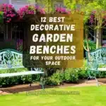 A variety of decorative garden benches in different styles arranged in a lush backyard.