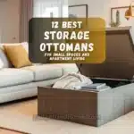 A modern living room with a stylish storage ottoman placed in front of a sofa, showing hidden storage space inside.