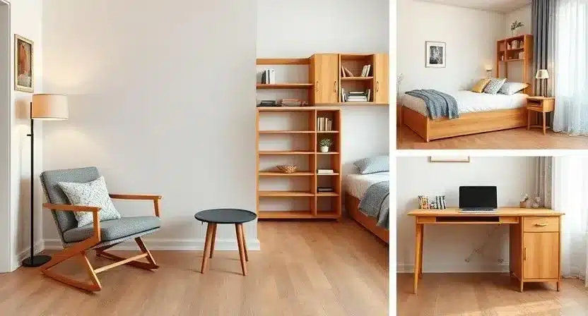 Collage of different folding furniture items including chairs, beds, desks, and tables arranged stylishly.