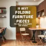 Compact modern apartment with various folding furniture pieces like a wall-mounted desk, folding dining table, and collapsible chairs.