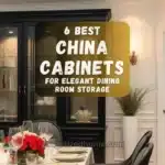 Elegant dining room with a modern black china cabinet, showcasing glassware and dishes.