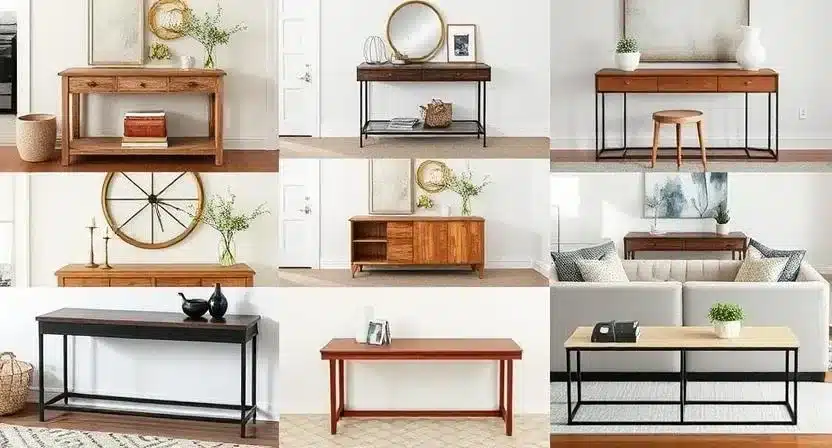 A lineup of stylish console tables in different styles and finishes, placed in entryways and behind sofas