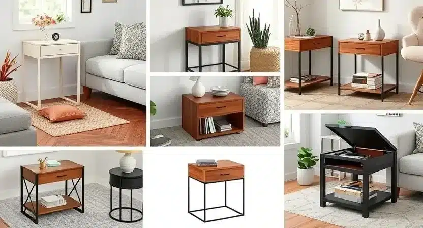 A collage of various stylish end tables with storage, including modern, rustic, and compact designs, ideal for small living rooms.