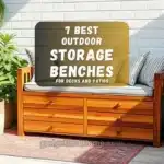 A stylish outdoor patio with a cushioned storage bench, potted plants, and decorative pillows.