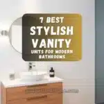 Stylish modern bathroom with a white vanity unit, round mirror, and warm lighting.