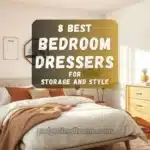 A stylish bedroom with a modern wooden dresser, soft lighting, and decor accents like plants and mirrors.