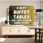 Modern dining room with a stylish buffet table featuring storage cabinets and decorative items on top.