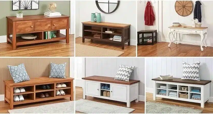 Collection of stylish entryway benches in different styles including rustic, modern, and bamboo.