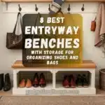 Stylish entryway with a rustic storage bench, shoes neatly placed underneath, and bags hanging above.