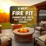 cozy outdoor patio at sunset, fire pit table, cushioned chairs, soft lighting, backyard setting