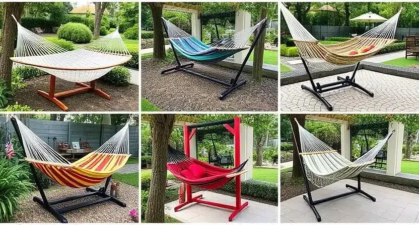 Variety of garden hammocks set up in different backyard settings.