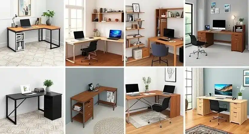 Collage of different L-shaped desks in small home office setups, showcasing various styles like modern, rustic, and minimalist.