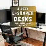 Modern L-shaped desk setup in a small home office corner with dual monitors, indoor plant, and natural lighting.