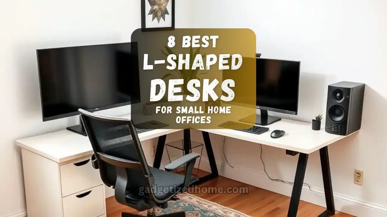 Modern L-shaped desk setup in a small home office corner with dual monitors, indoor plant, and natural lighting.