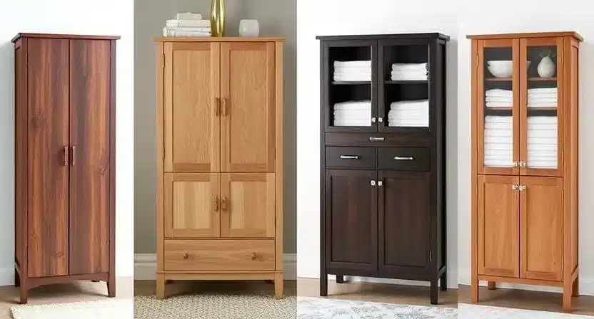 Collage of 8 different linen tower cabinets in various styles and finishes.