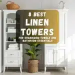 A stylish bathroom featuring a tall white linen tower with neatly folded towels and decorative accents.