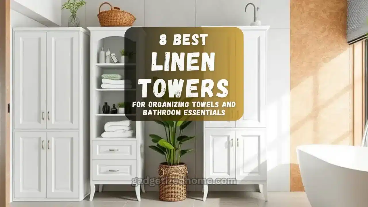A stylish bathroom featuring a tall white linen tower with neatly folded towels and decorative accents.