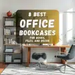 Modern home office with stylish bookcases holding books, files, and decor items. Bright, clean workspace with wood and metal shelves.