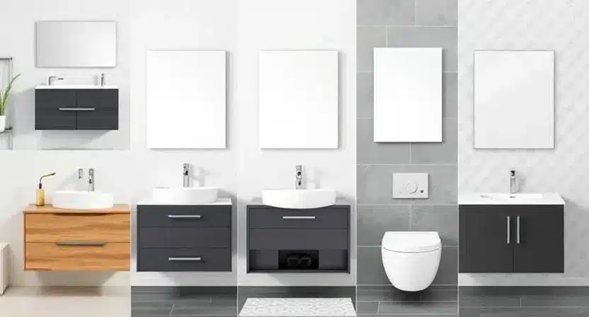 Lineup of modern vanity units in different styles and sizes.