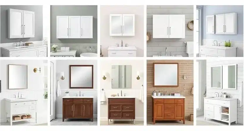 Display of different medicine cabinets mounted above bathroom sinks