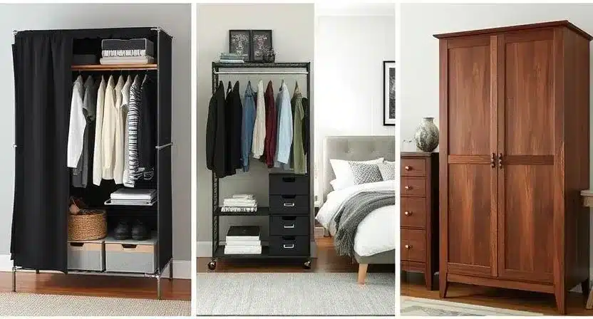 A variety of wardrobes and armoires in different bedroom settings, including fabric closets, metal racks, and wooden armoires.