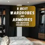Modern bedroom with different styles of wardrobes and armoires, neatly organized with clothes, drawers, and shelves in a cozy setting.