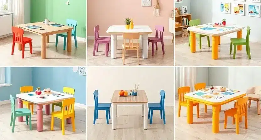 Collage of top 6 kids activity tables with different designs, colors, and features.