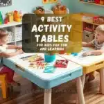 A variety of kids' activity tables set up in a playroom with toys, art supplies, and two children playing.