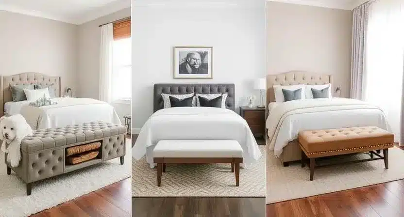 A variety of stylish bedroom benches placed at the foot of different beds, showcasing storage, tufted, and minimalist styles.