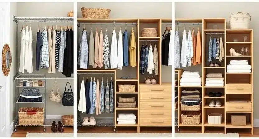 Collage showing 9 different closet systems including hanging, freestanding, and modular units.
