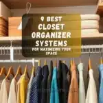 Various types of closet organizer systems displayed with labels showing features like adjustable rods and materials.