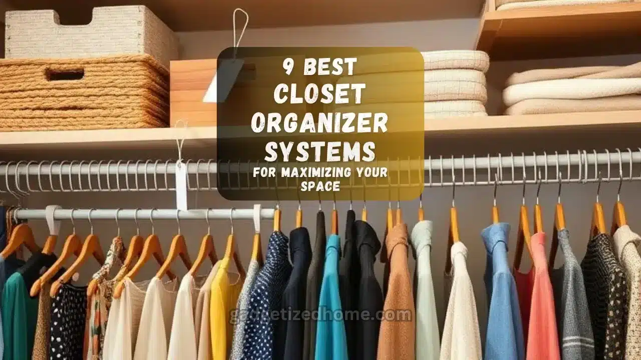 Various types of closet organizer systems displayed with labels showing features like adjustable rods and materials.