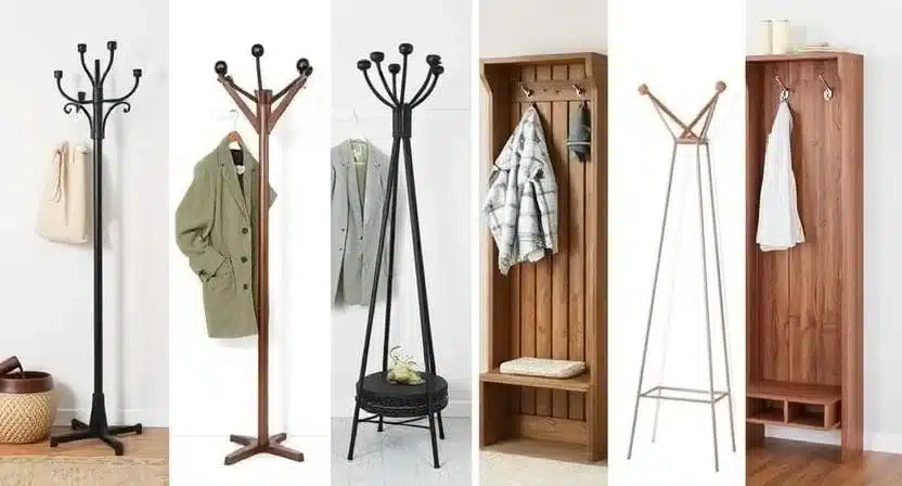 A lineup of different coat racks and hall trees, ranging in size and style