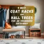 Modern entryway featuring a stylish coat rack with jackets, shoes, and bags neatly arranged