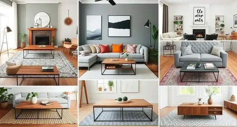 A collage of nine different coffee tables, each styled in a unique living room setup — modern, rustic, industrial, minimalist, and more.