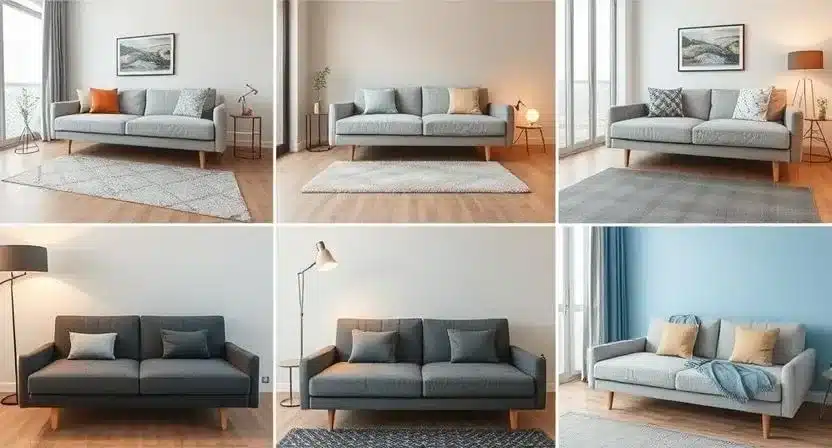 Collection of 6 different modern futons and sofa beds in various styles and colors