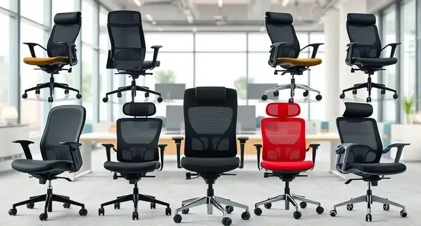 Collage of top ergonomic office chairs in various styles, including mesh, leather, and high-back executive designs, arranged in a clean layout.