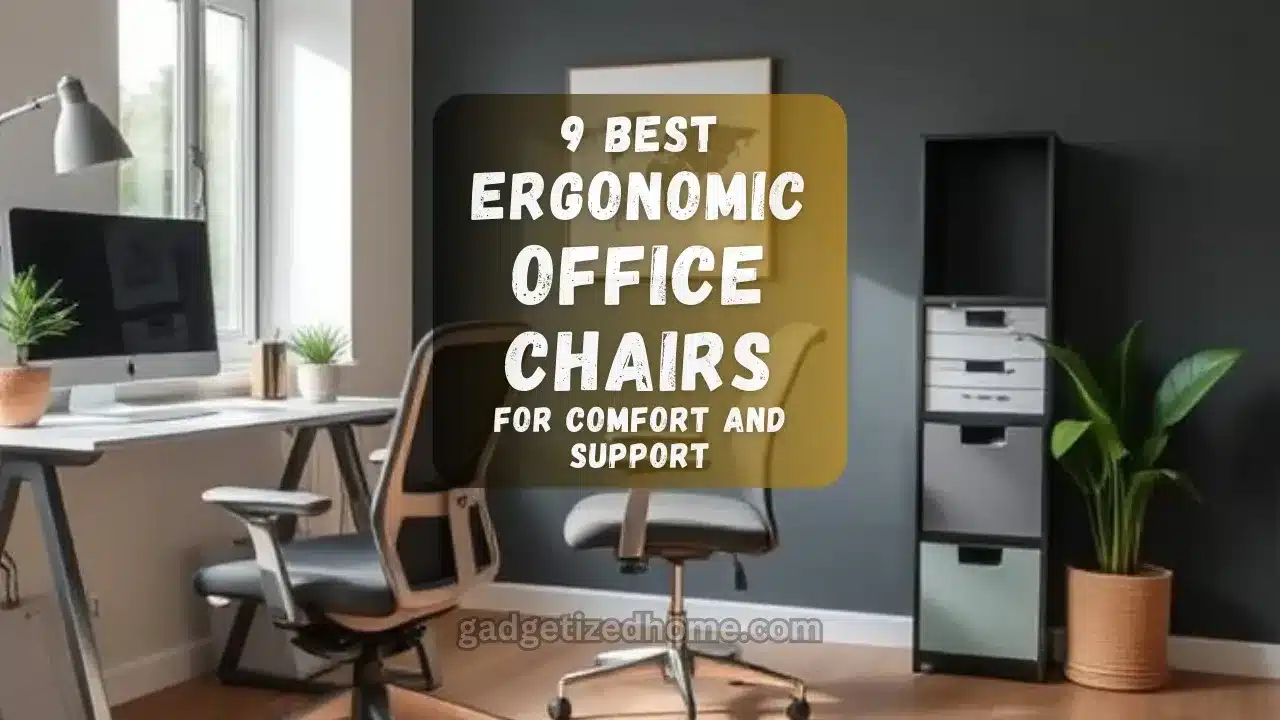 A modern home office with an ergonomic chair, desk, and natural lighting, showcasing a comfortable and stylish work setup.