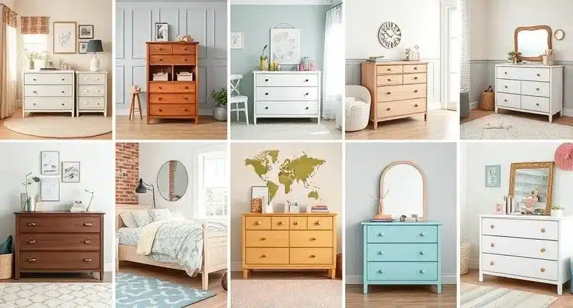 Collage of 9 different kids’ dressers in various room setups.