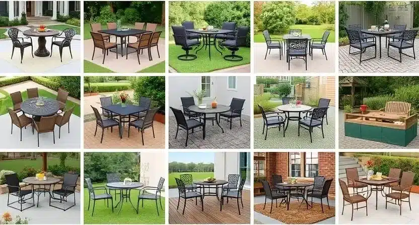 A collage of different outdoor dining sets, each styled in unique outdoor environments.
