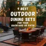 A cozy backyard with a 7-piece outdoor dining set, string lights overhead, and lush greenery in the background.