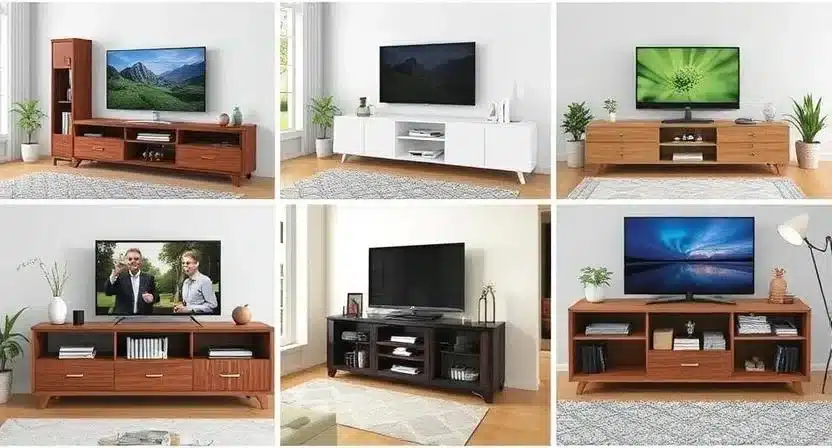 A collection of stylish TV stands with various designs and storage options displayed in modern living rooms.