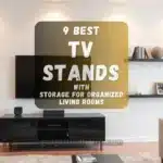 Modern living room with a sleek TV stand, mounted flat-screen TV, and organized shelves with decor.