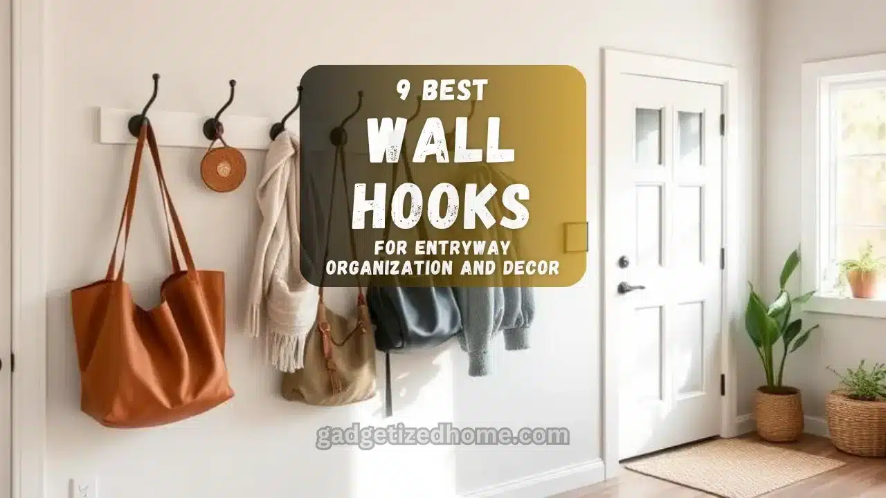 Stylish entryway wall with decorative wall hooks, coats, and accessories neatly organized