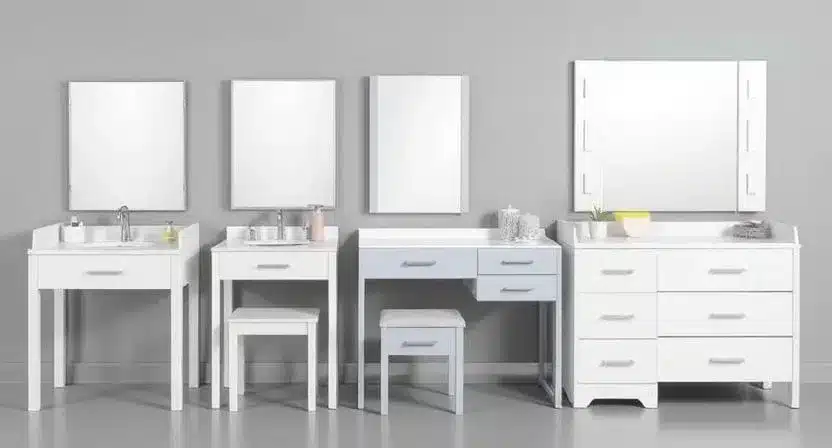 A collection of stylish makeup vanities, each featuring a mirror and storage drawers in different colors and designs.