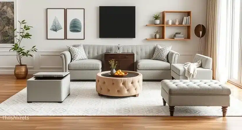 A lineup of different ottomans with hidden storage, including cube, round, tufted, and bench styles, arranged in a bright, modern living room.
